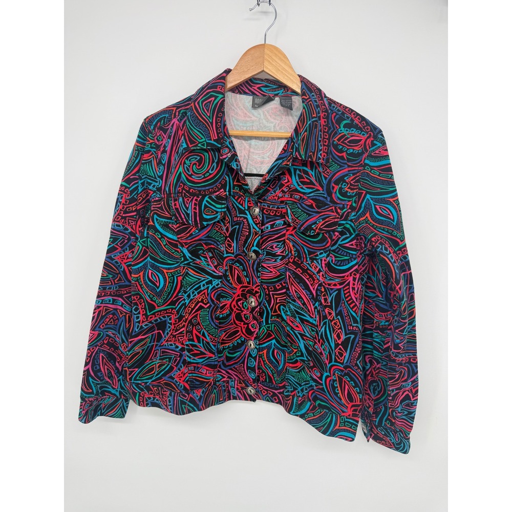 Additions by Chicos Vtg Neon Psychedelic Swirl Denim Style Jacket Cotton Size L